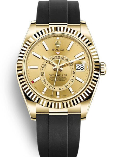 Rolex Sky Dweller Oysterflex Super Clone Watch | Champagne Dial Swiss ETA 9001 Movement| Rotating Bezel